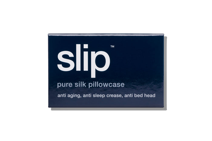 Navy blue slip silk queen pillowcase branded packaging on a white background.