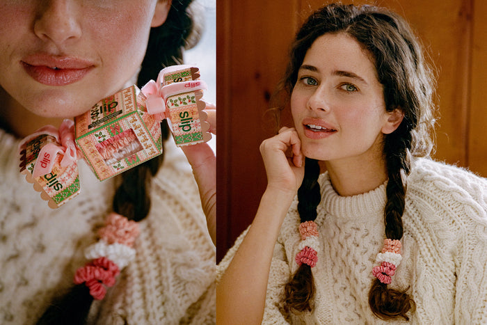 A split-screen lifestyle image showing a woman wearing pink, peach and white silk hair scrunchies in braids, paired with a cream cable-knit sweater. The left panel is a close-up of her hand holding the scrunchies, and the right panel shows her wearing them.