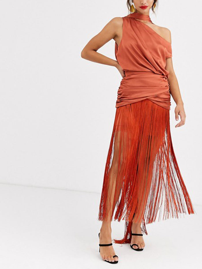 One-shoulder Fringed Evening Dress