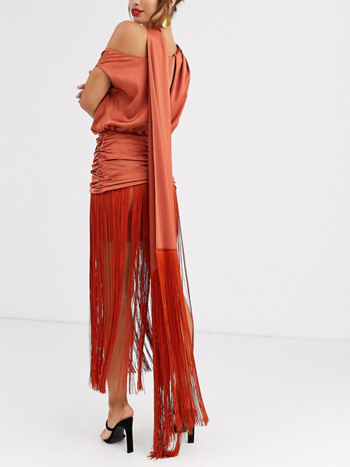 One-shoulder Fringed Evening Dress
