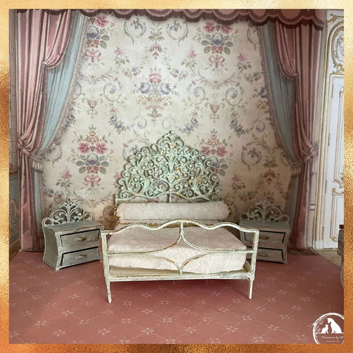 Ornate Bed Frame Dollhouse Furniture Kit with End Tables - 1/12 Scale Dollhouse Furniture