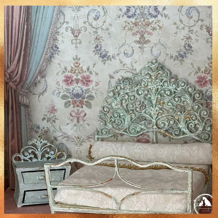 Ornate Bed Frame Dollhouse Furniture Kit with End Tables - 1/12 Scale Dollhouse Furniture headboard