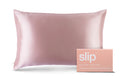 A pink slip silk queen pillowcase with branded packaging on a white background.