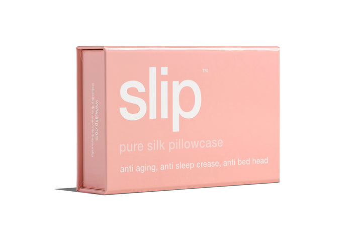 Pink slip silk queen pillowcase branded packaging on a white background.