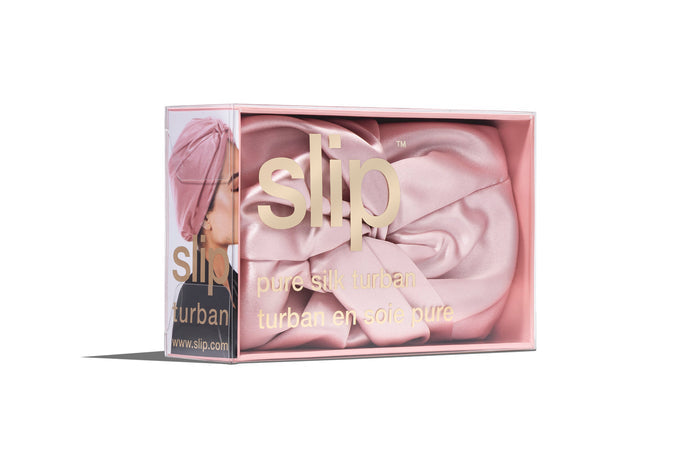 A pink slip silk turban branded packaging on a white background.