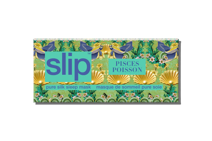 A floral and fish patterned slip silk sleep mask packaging box for Pisces star sign with blue, green, and brown colors.