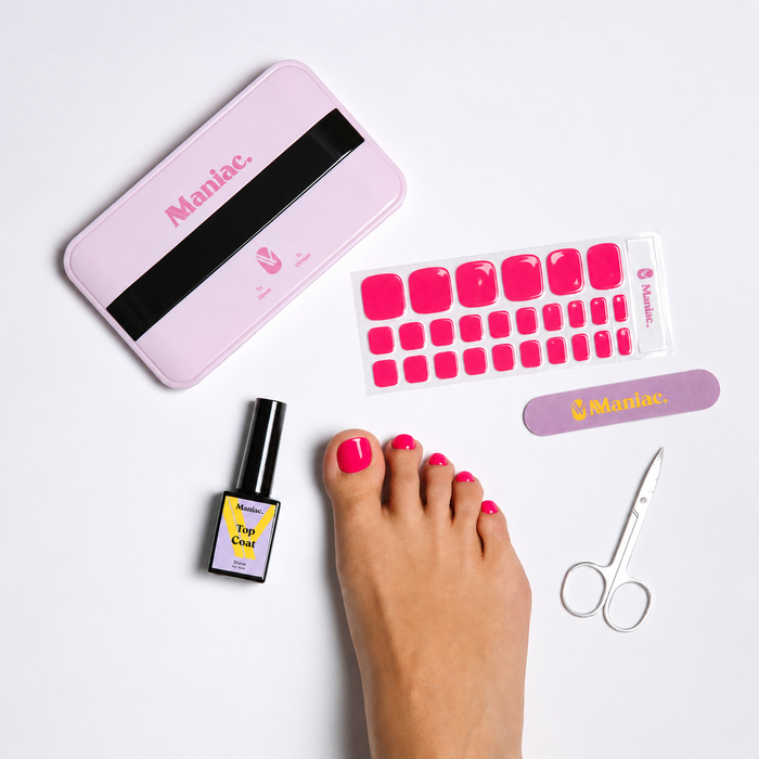Poppy Pink pedicure gel nail stickers by Maniac Nails, vibrant pink toes, view 2