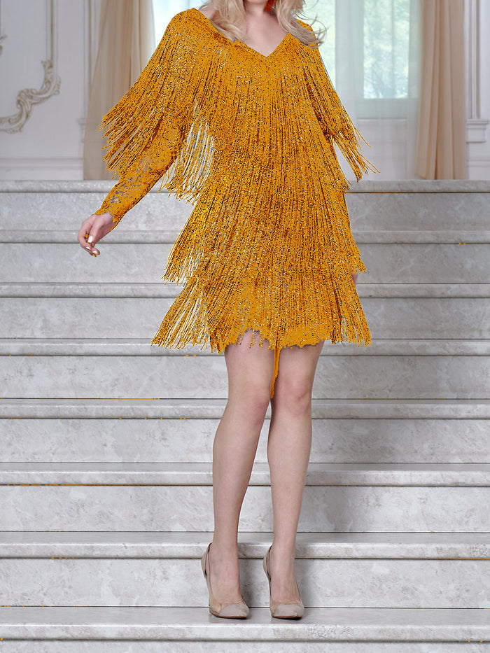 Prom V-neck Fringed Slim Mini Evening Dress