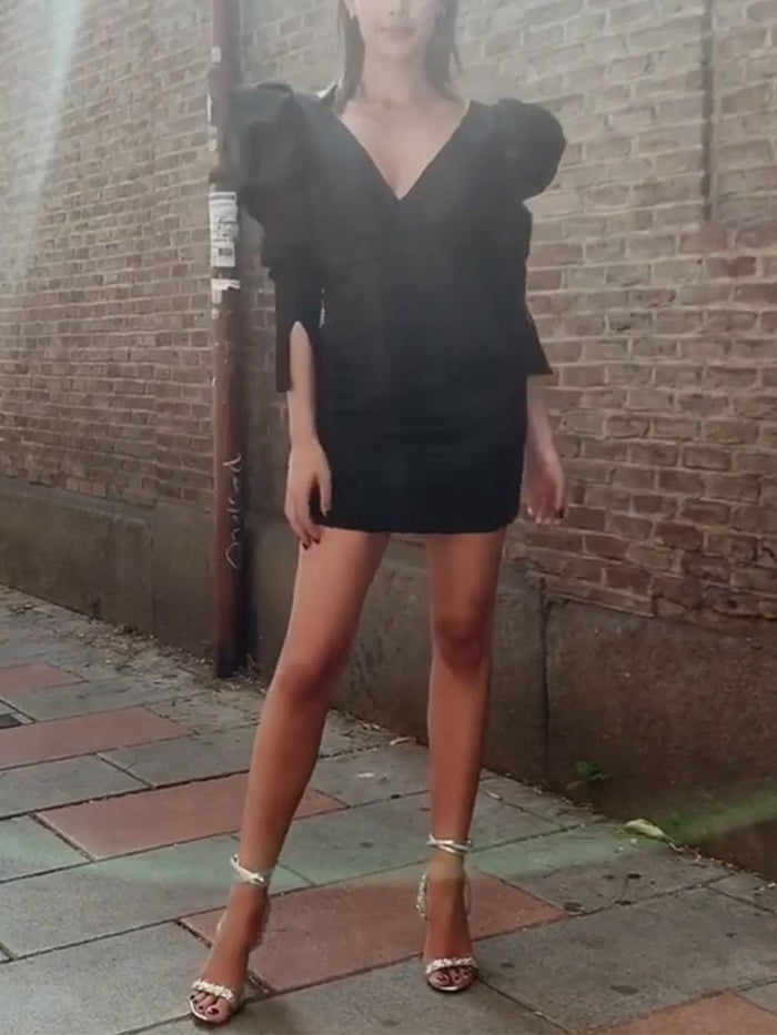 Puff Sleeve V-neck Slim Long Sleeve Evening Dress