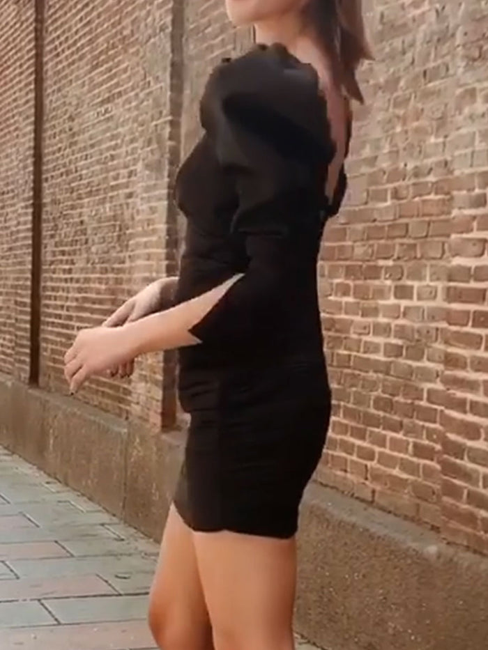 Puff Sleeve V-neck Slim Long Sleeve Evening Dress