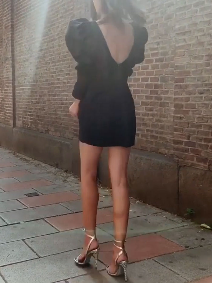 Puff Sleeve V-neck Slim Long Sleeve Evening Dress