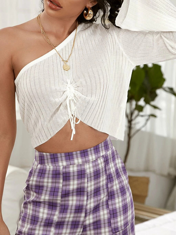 Pure Color Drawstring Sexy One Shoulder Long Sleeve Tops