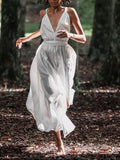Pure Color High Waist Deep V-neck Sexy Backless Casual Maxi Dress