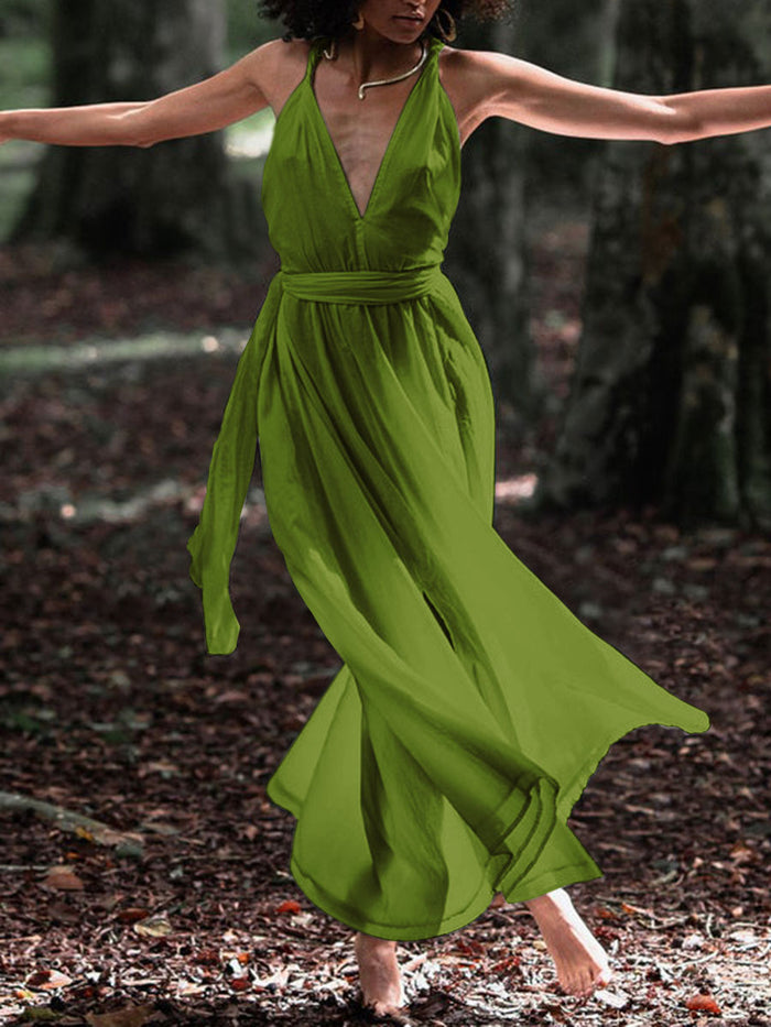 Pure Color High Waist Deep V-neck Sexy Backless Casual Maxi Dress