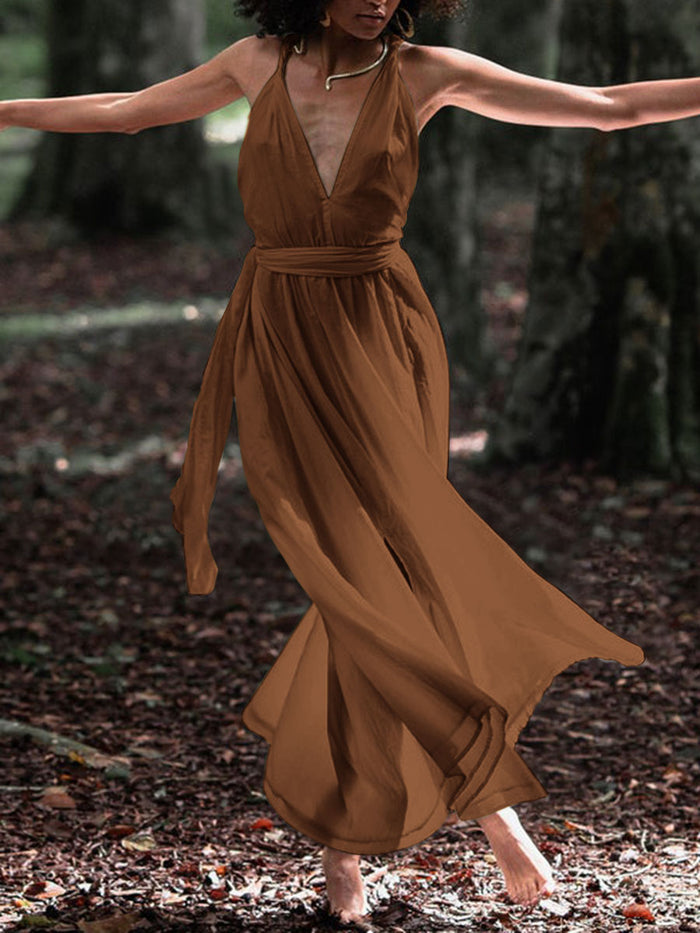 Pure Color High Waist Deep V-neck Sexy Backless Casual Maxi Dress
