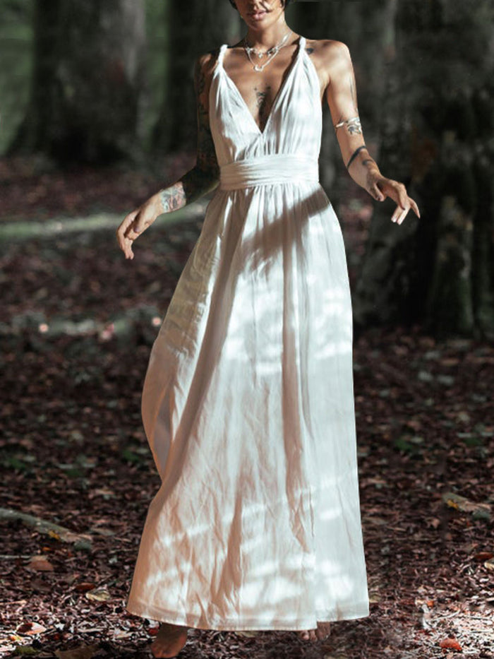 Pure Color High Waist Deep V-neck Sexy Backless Casual Maxi Dress