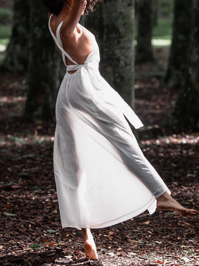 Pure Color High Waist Deep V-neck Sexy Backless Casual Maxi Dress