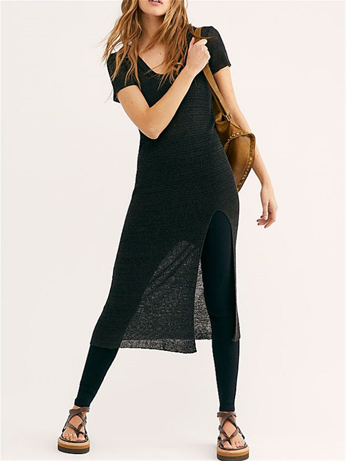 Pure Color Round Neck Short Sleeve Slim Split Maxi Dress