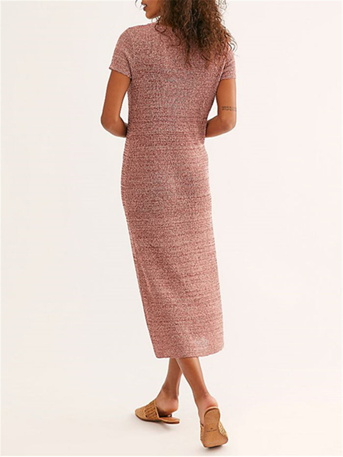 Pure Color Round Neck Short Sleeve Slim Split Maxi Dress