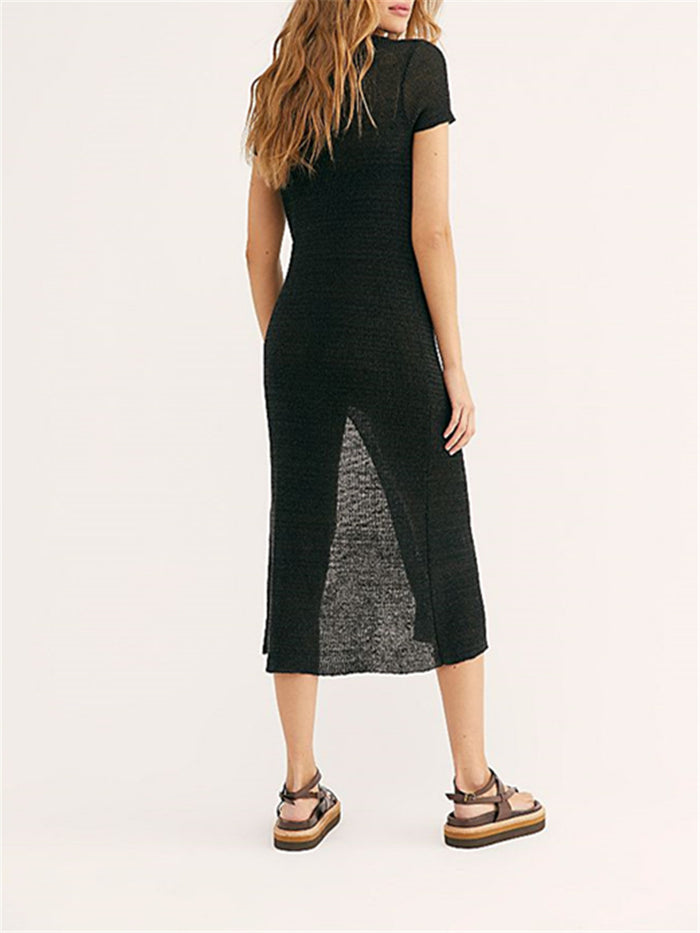 Pure Color Round Neck Short Sleeve Slim Split Maxi Dress