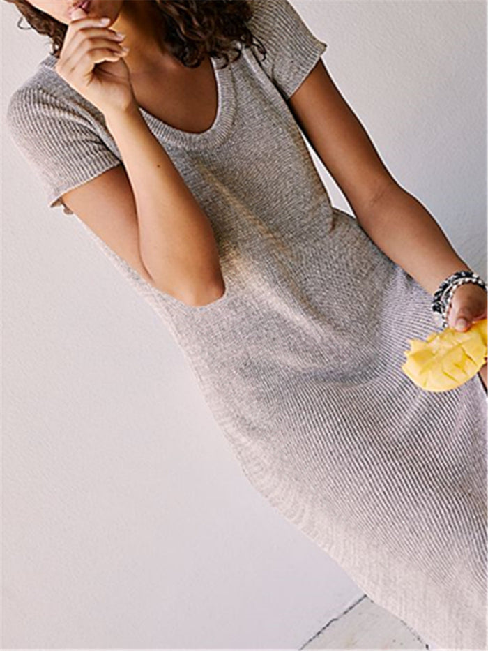 Pure Color Round Neck Short Sleeve Slim Split Maxi Dress