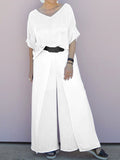 Pure Color V-neck Bat Sleeve Loose Top and Pants Two-piece Suit