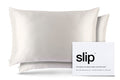 Two white slip silk queen pillowcases with branded packaging on a white background.