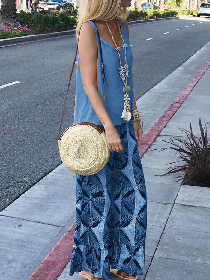 Retro Casual V-Neck Top Pant Suit