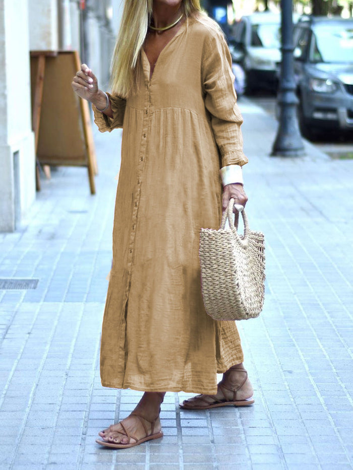 Retro Long Sleeve Loose High Waist Button Casual Dress
