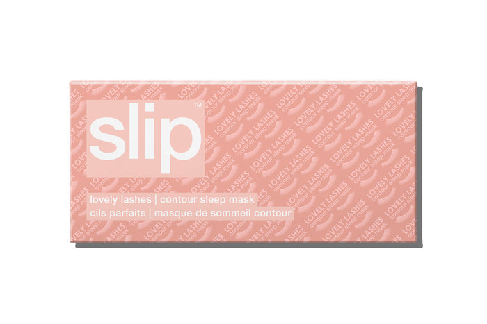 A rose slip silk contour sleep mask packaging box on white background. Designed to protect delicate eyelash extensions.