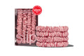 A set of four blush pink silk skinny scrunchies displayed in a box and stacked in front with a allure award badge on a white background