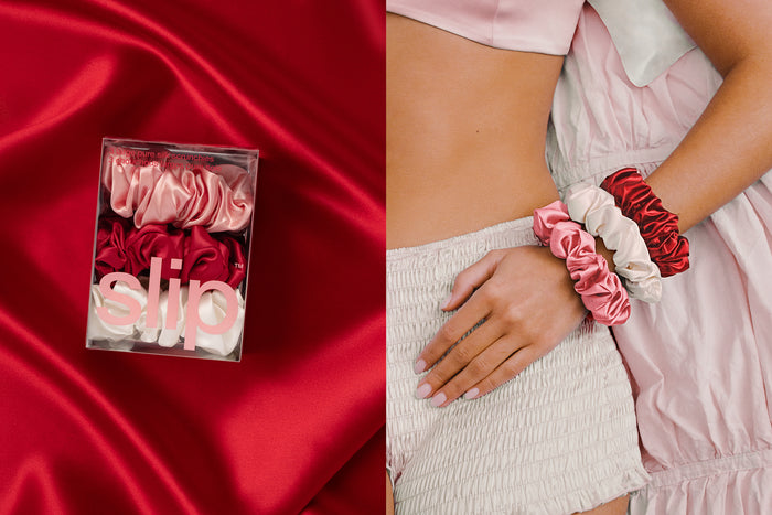 Box of silk hair ties labeled 'slip' on red fabric, with a person wearing them.