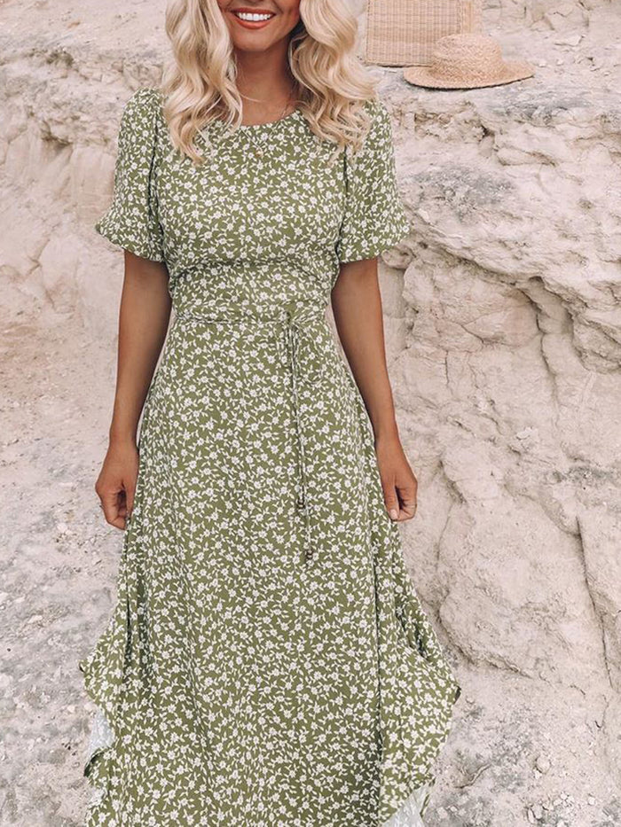 Round Neck Floral Waist Dress