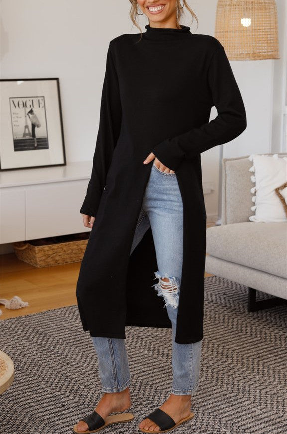 Round Neck Long Sleeve Split Shirt