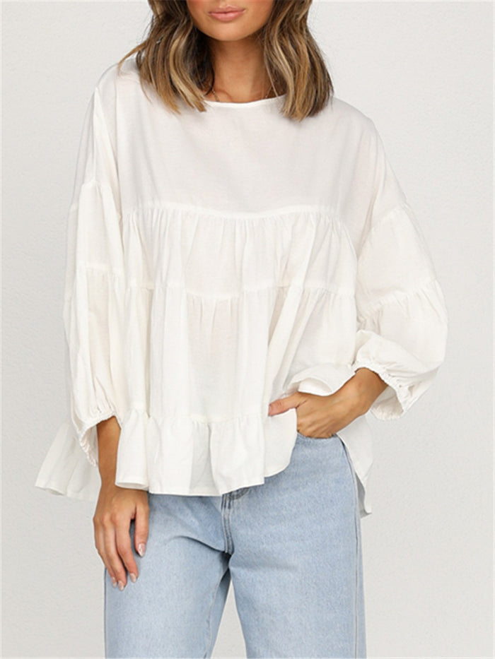 Round Neck Long-sleeved Ruffled Shirt