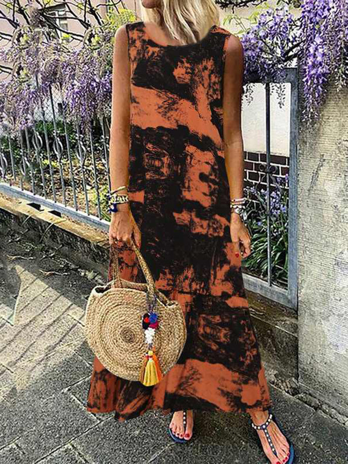 Round Neck Printed Tie-dye Sleeveless Casual Dress