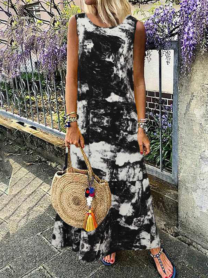 Round Neck Printed Tie-dye Sleeveless Casual Dress