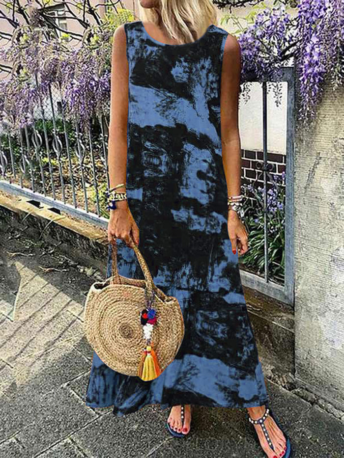 Round Neck Printed Tie-dye Sleeveless Casual Dress