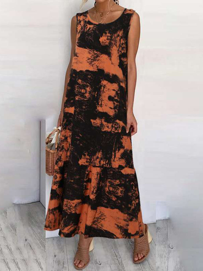 Round Neck Printed Tie-dye Sleeveless Casual Dress