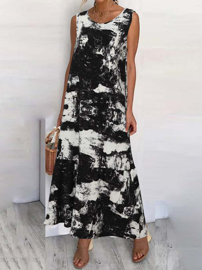 Round Neck Printed Tie-dye Sleeveless Casual Dress