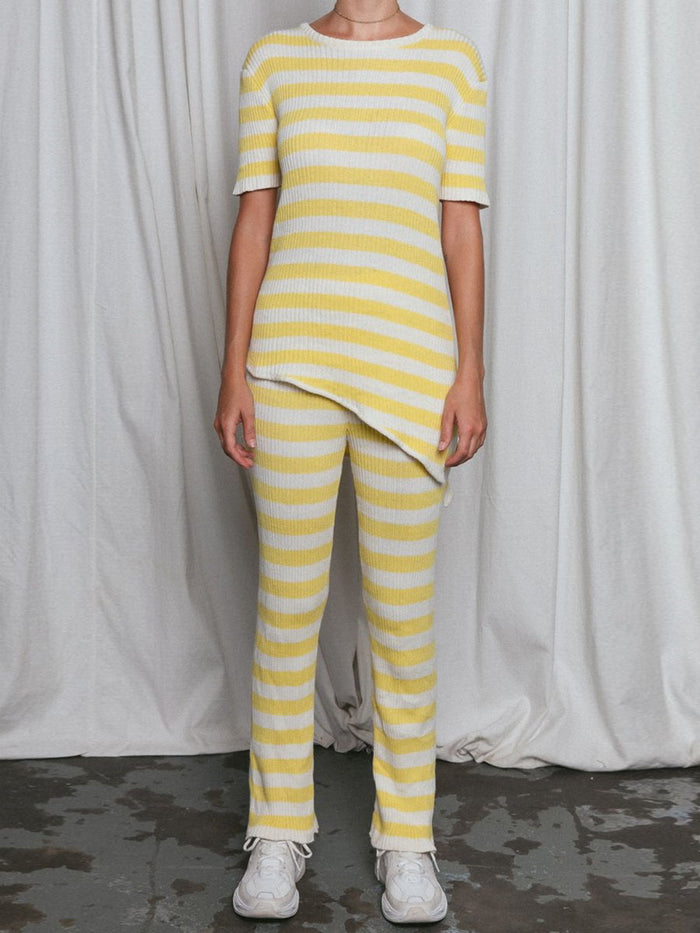 Round neck short sleeve striped printed knitted suit