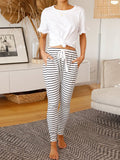 Round Neck Short-sleeved Top Striped Trousers Two-piece Suit