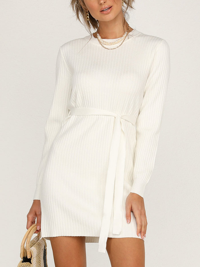 Round Neck Solid Color Long Sleeve Loose Dress