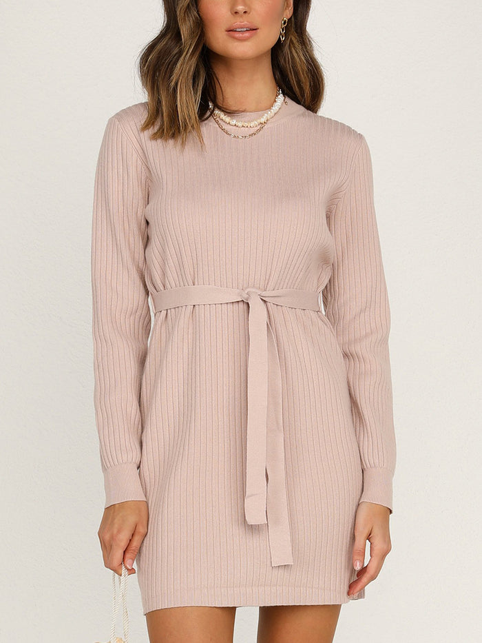 Round Neck Solid Color Long Sleeve Loose Dress