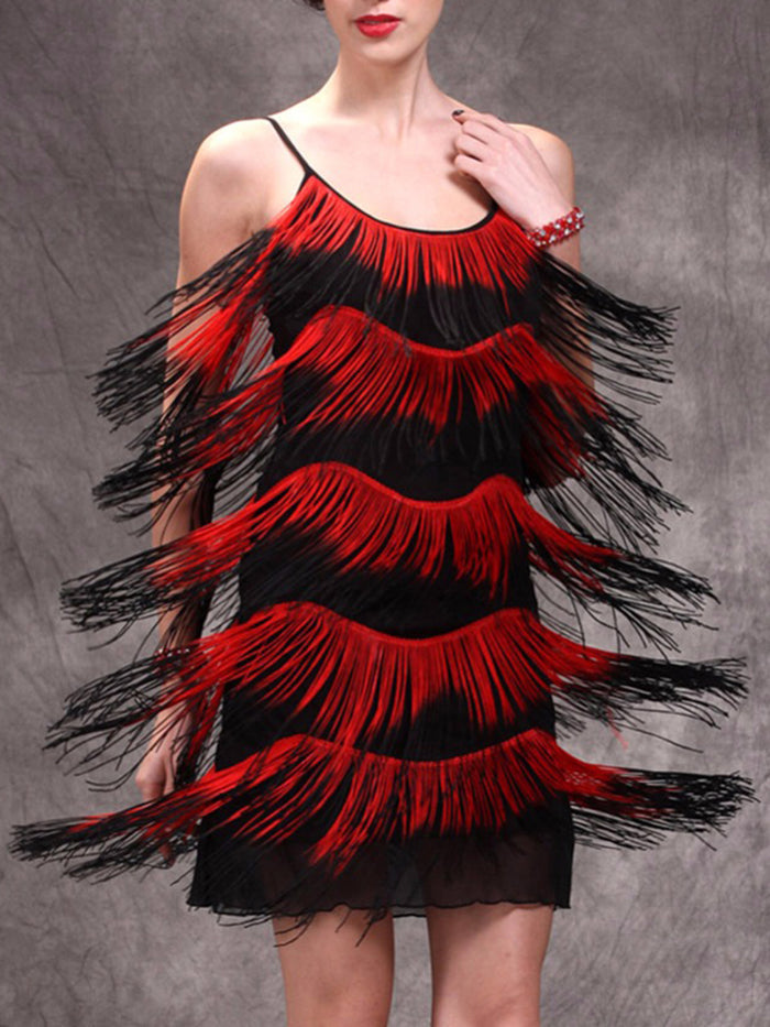 Round Neck Suspender Tassel Dress