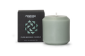 A green 3 inch pillar candle made from pure beeswax, displayed next to its packaging box with the brand name 'Penrose' and the product type 'Pillar Candle' indicated.