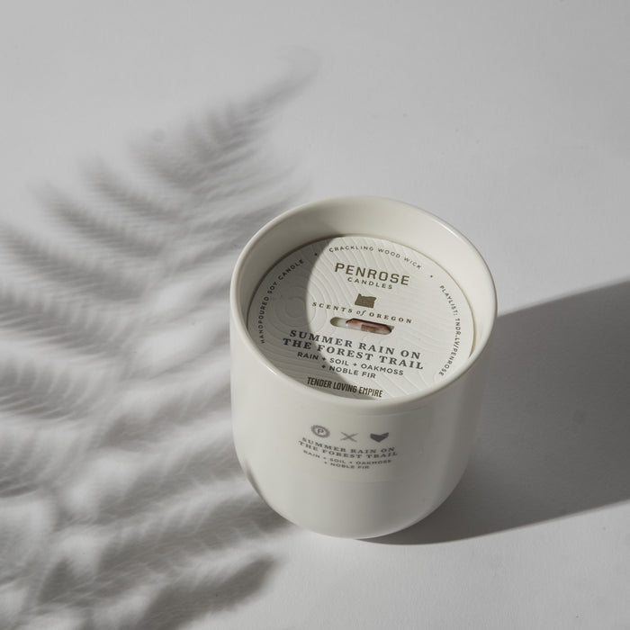 Overhead view of Summer Rain ceramic candle with wooden wick showing detailed interior labeling and petrichor scent notes from Penrose Candles