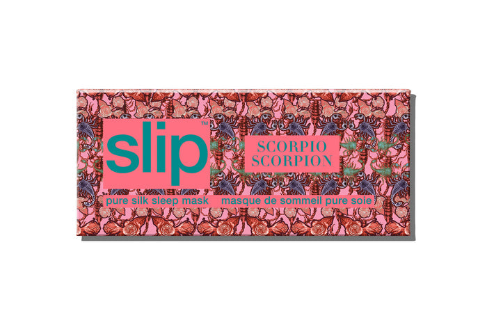 A slip Scorpio silk sleep mask packaging with a scorpion pattern on a white background.