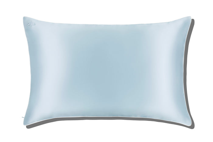 A seabreeze blue slip queen pillowcase with an invisible zipper closure on a white background.