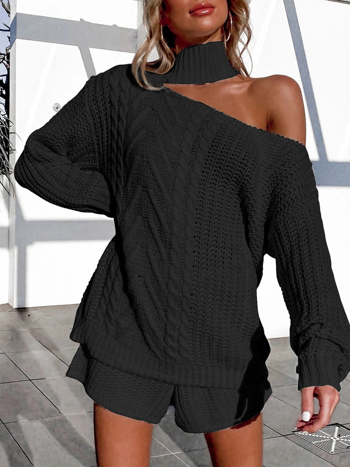 Sexy Hollow Solid Color High Neck Two-piece Suit